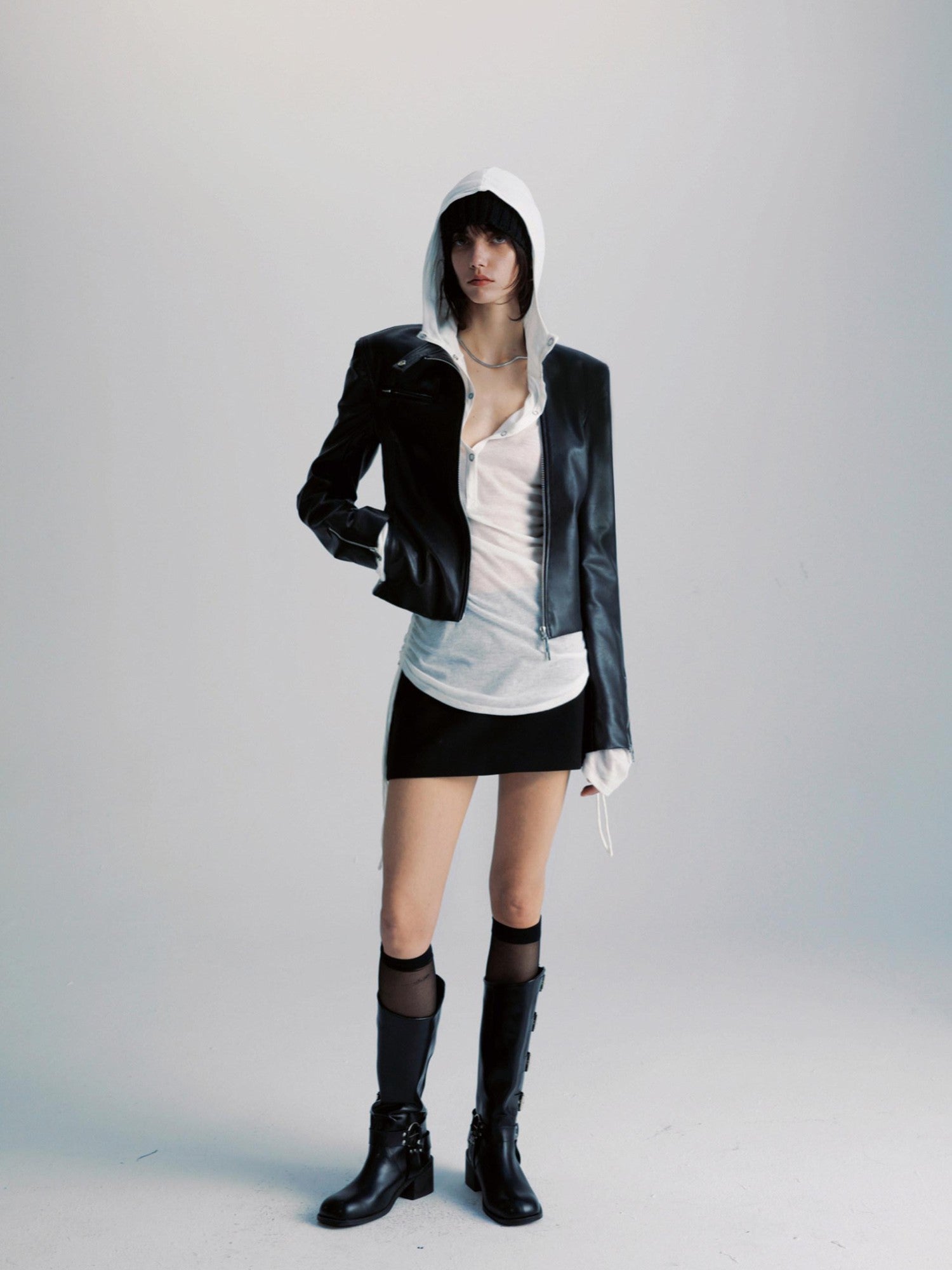 commonce net Sheer Ruched Drawstring Hooded Mockneck Women&