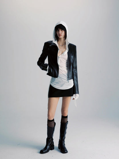 commonce net Sheer Ruched Drawstring Hooded Mockneck Women&