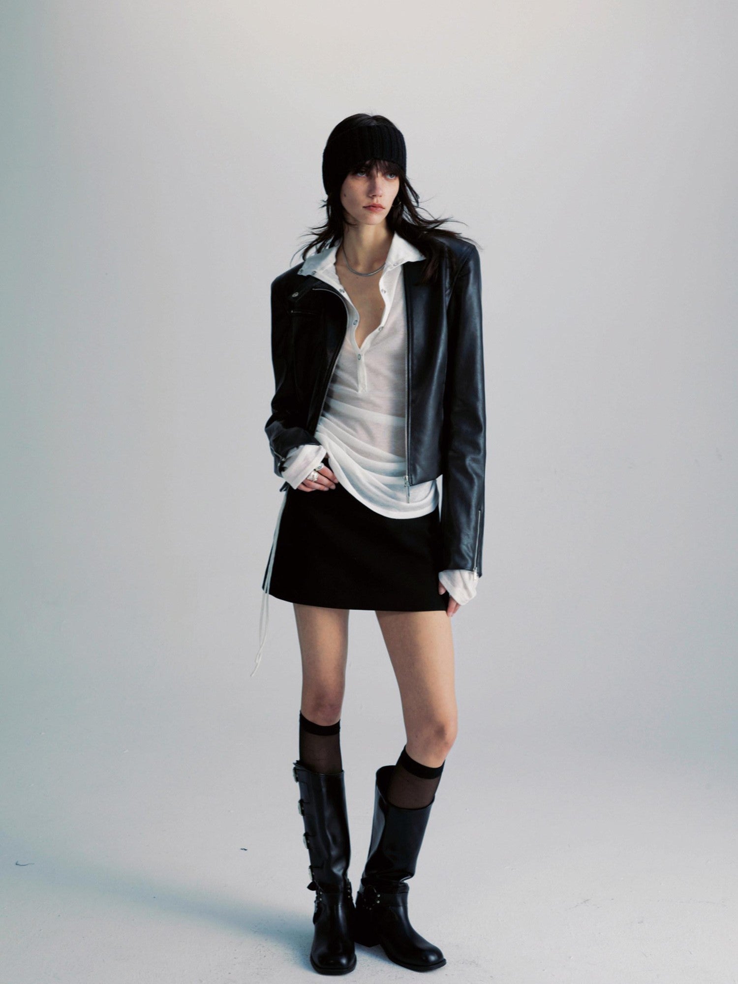 commonce net Sheer Ruched Drawstring Hooded Mockneck Women&