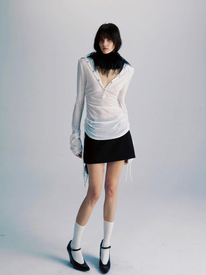 commonce net Sheer Ruched Drawstring Hooded Mockneck Women&