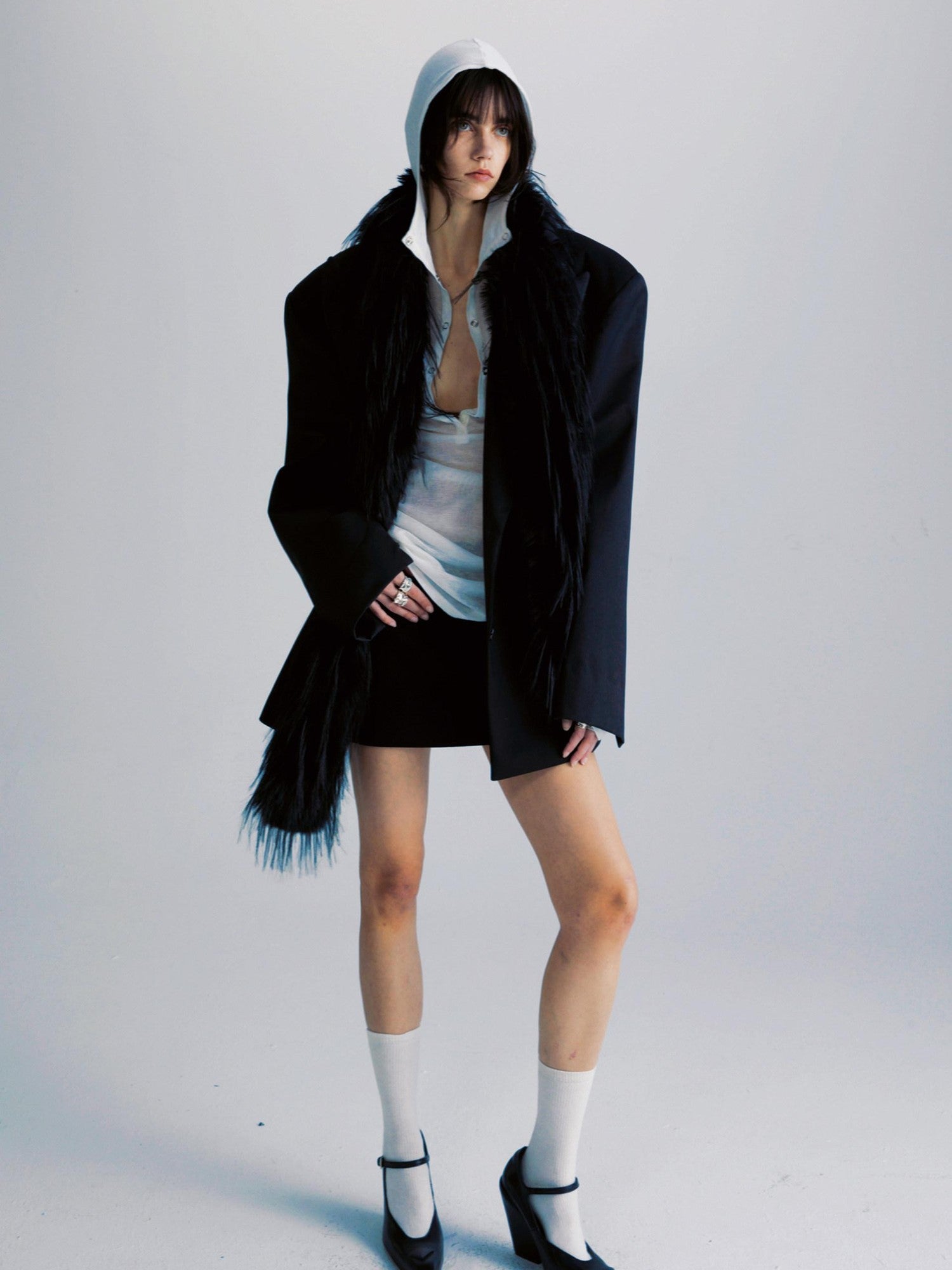 commonce net Sheer Ruched Drawstring Hooded Mockneck Women&