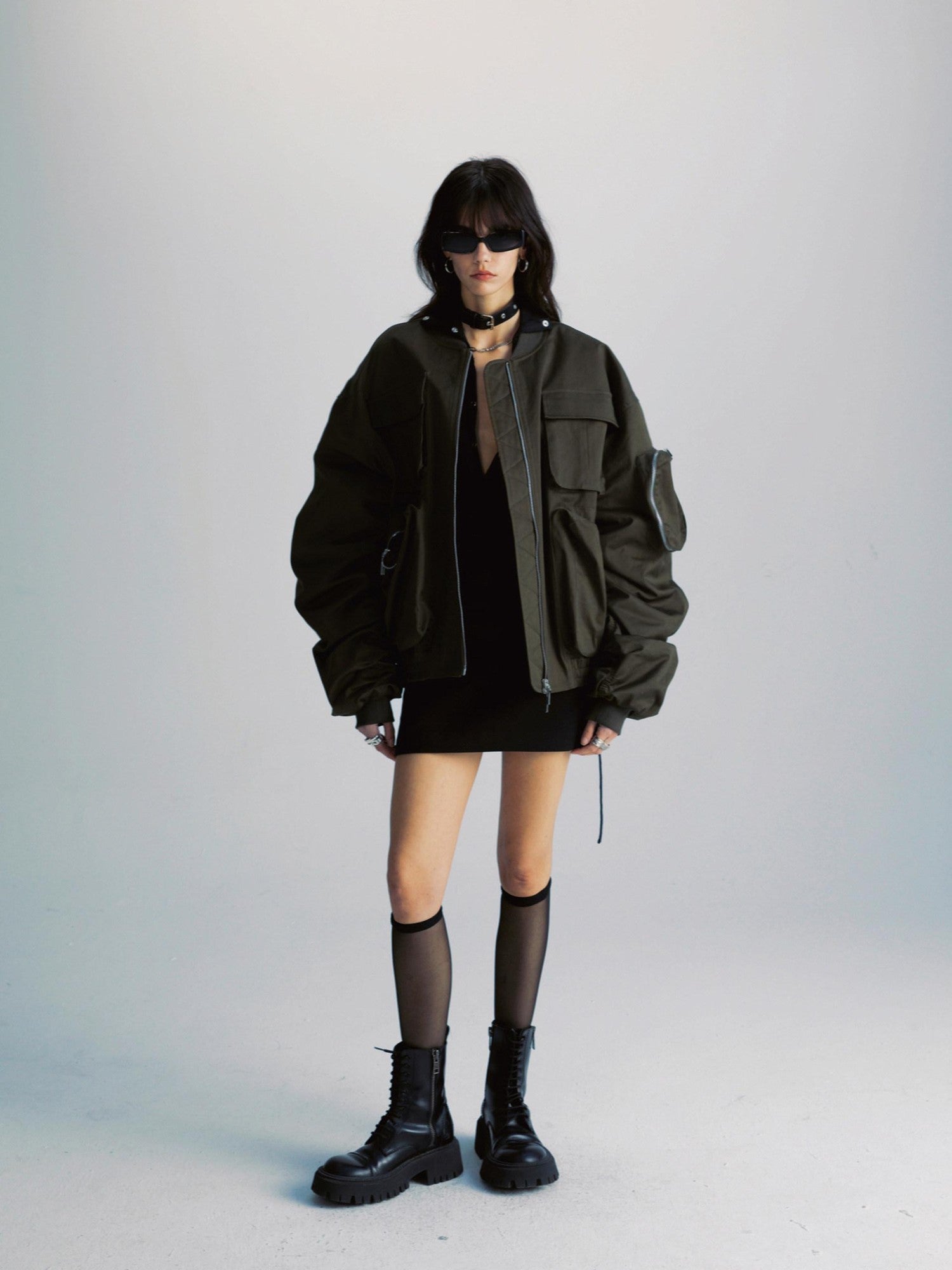 commonce net Sheer Ruched Drawstring Hooded Mockneck Women&