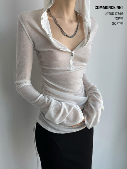 commonce net Sheer Ruched Drawstring Hooded Mockneck Women&