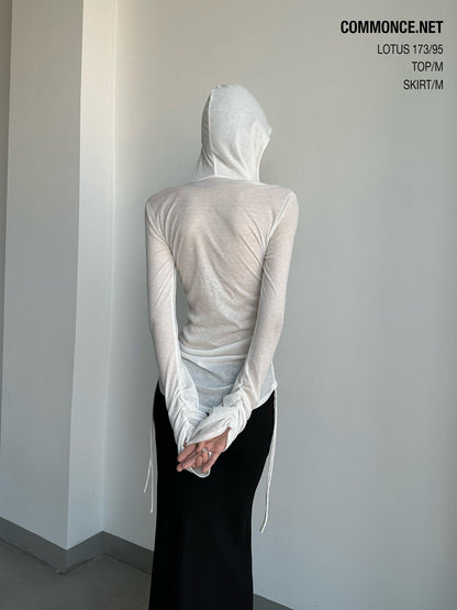 commonce net Sheer Ruched Drawstring Hooded Mockneck Women&