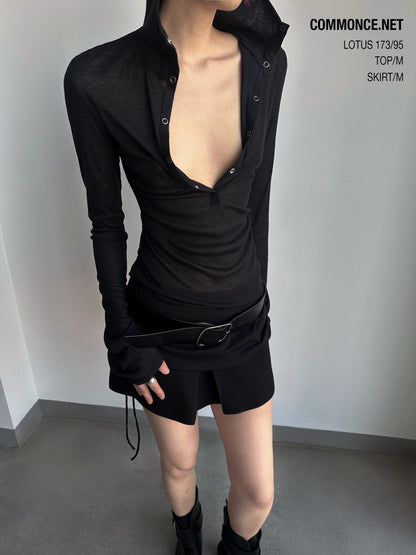 commonce net Sheer Ruched Drawstring Hooded Mockneck Women&
