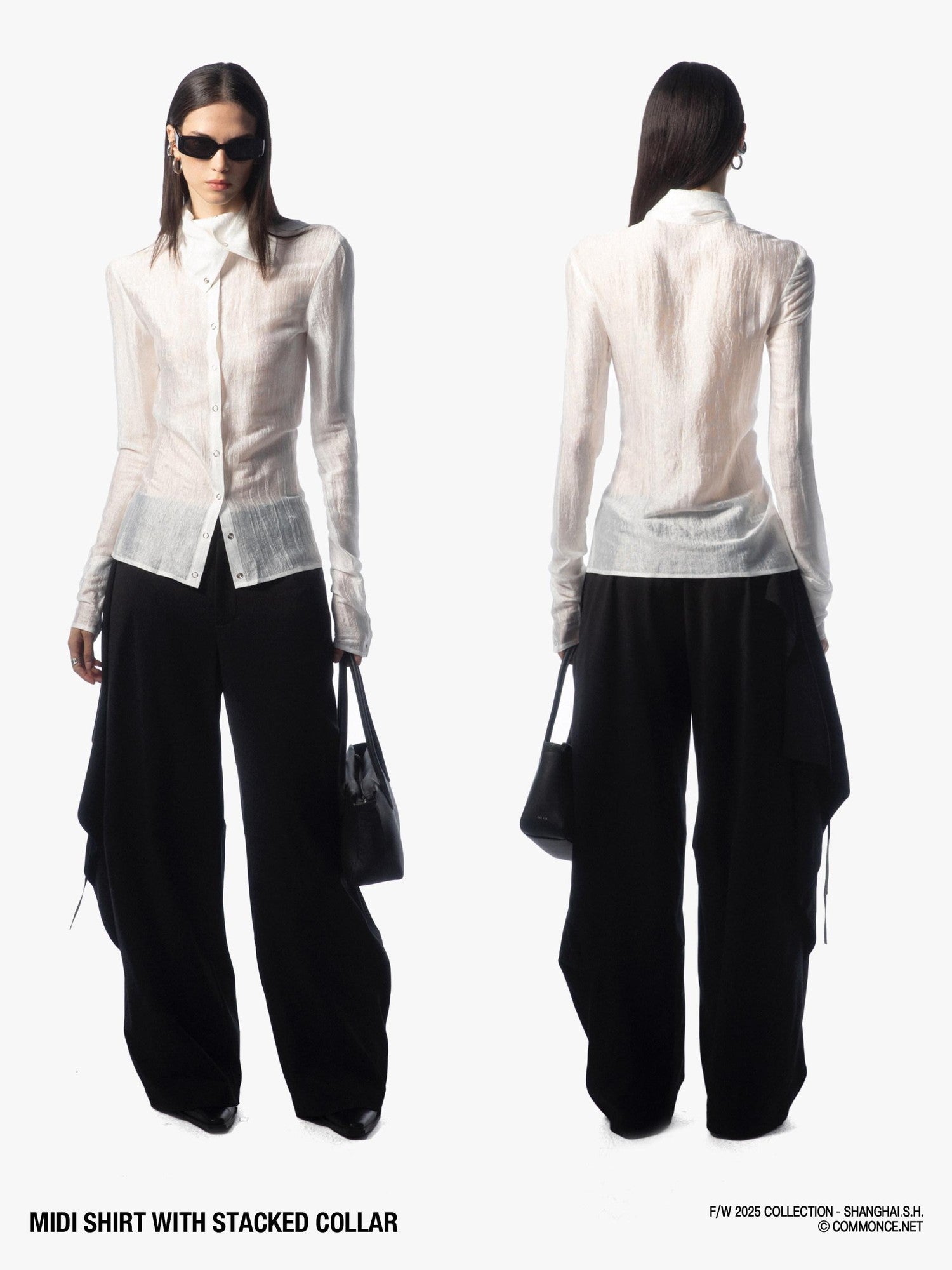 commonce net Sheer Ruched Stacked Collar Long Sleeve Mid Length Women&