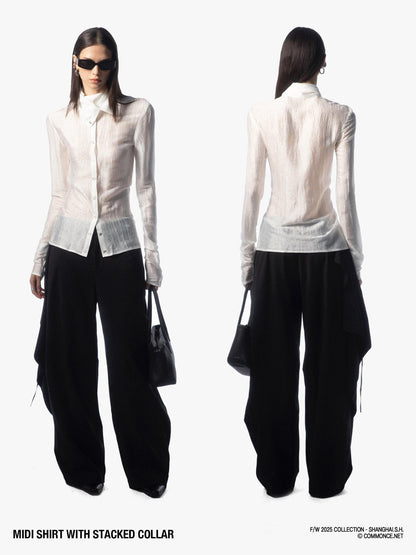 commonce net Sheer Ruched Stacked Collar Long Sleeve Mid Length Women&