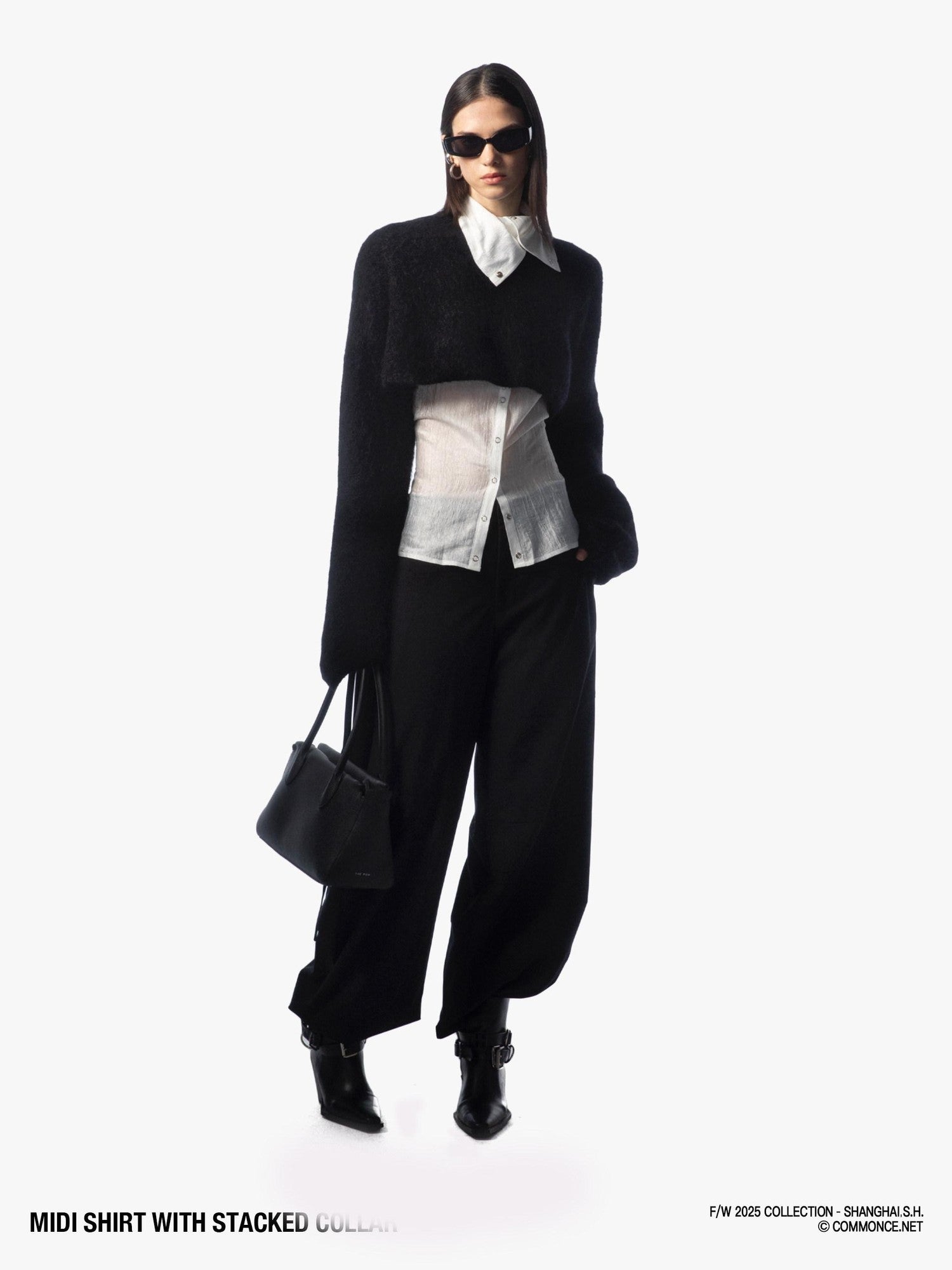 commonce net Sheer Ruched Stacked Collar Long Sleeve Mid Length Women&