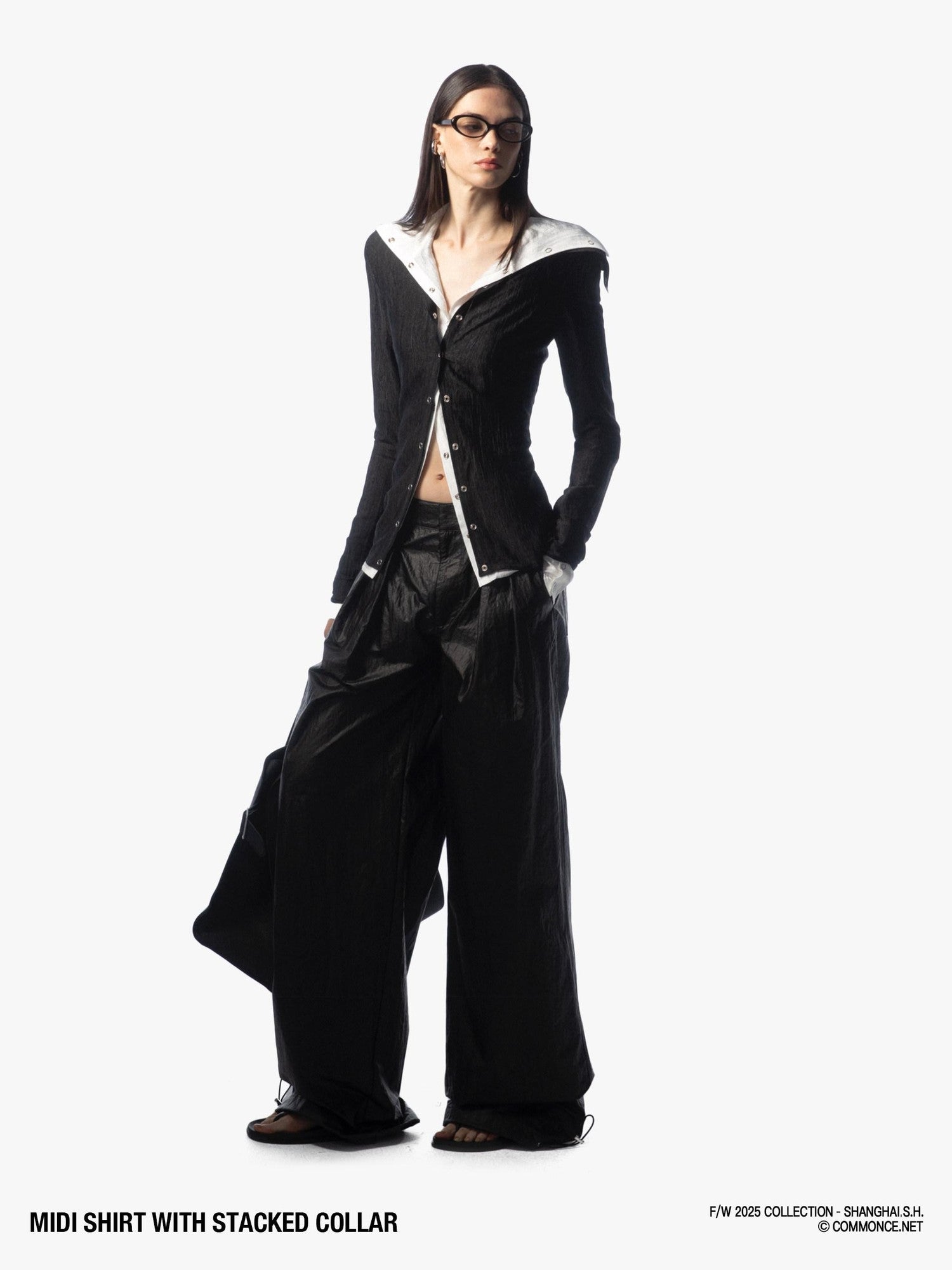 commonce net Sheer Ruched Stacked Collar Long Sleeve Mid Length Women&
