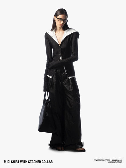commonce net Sheer Ruched Stacked Collar Long Sleeve Mid Length Women&