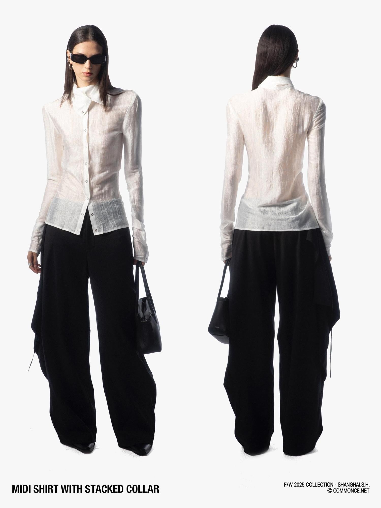 commonce net Sheer Ruched Stacked Collar Long Sleeve Mid Length Women&