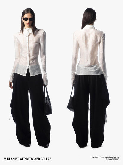 commonce net Sheer Ruched Stacked Collar Long Sleeve Mid Length Women&
