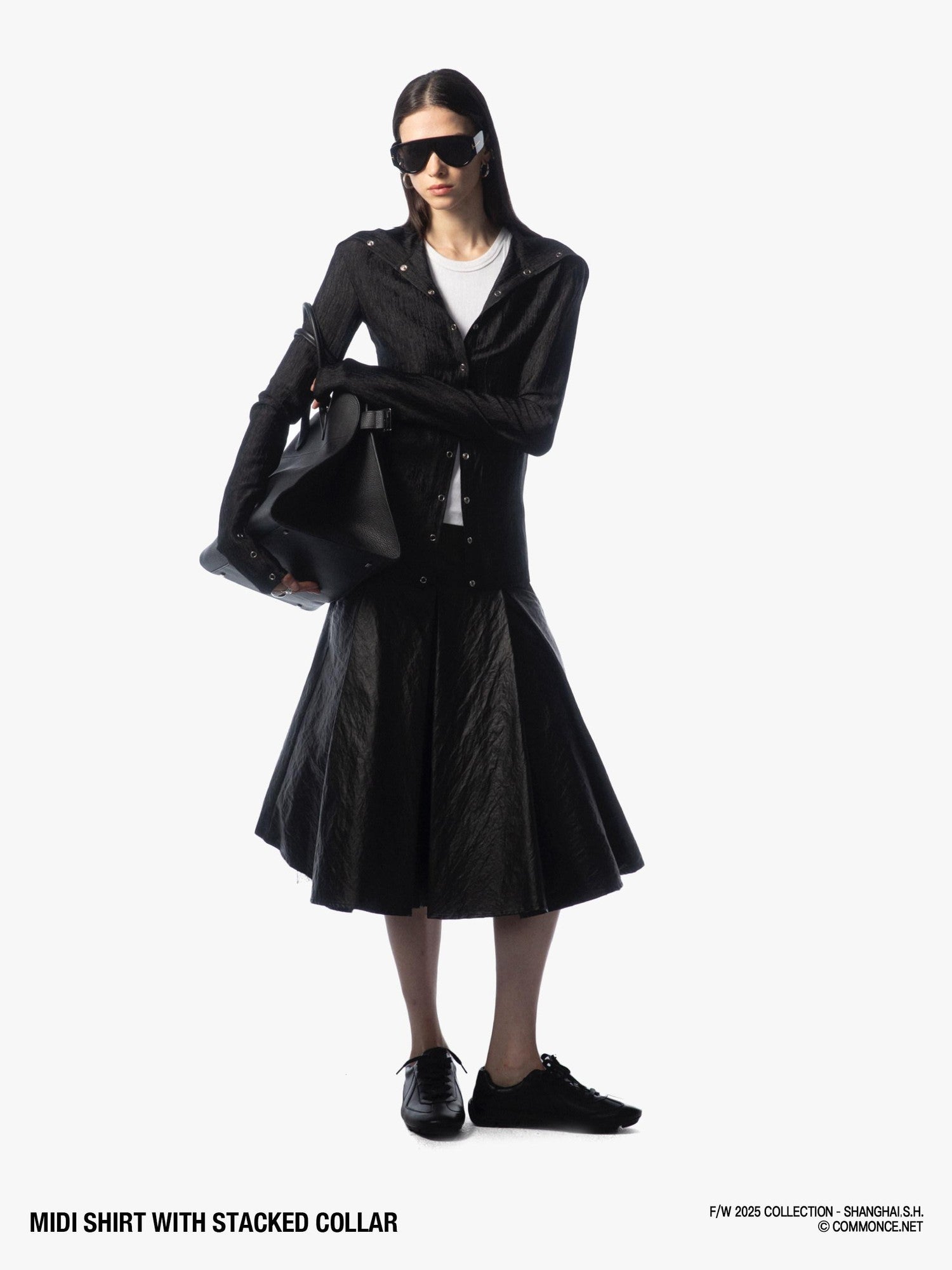 commonce net Sheer Ruched Stacked Collar Long Sleeve Mid Length Women&