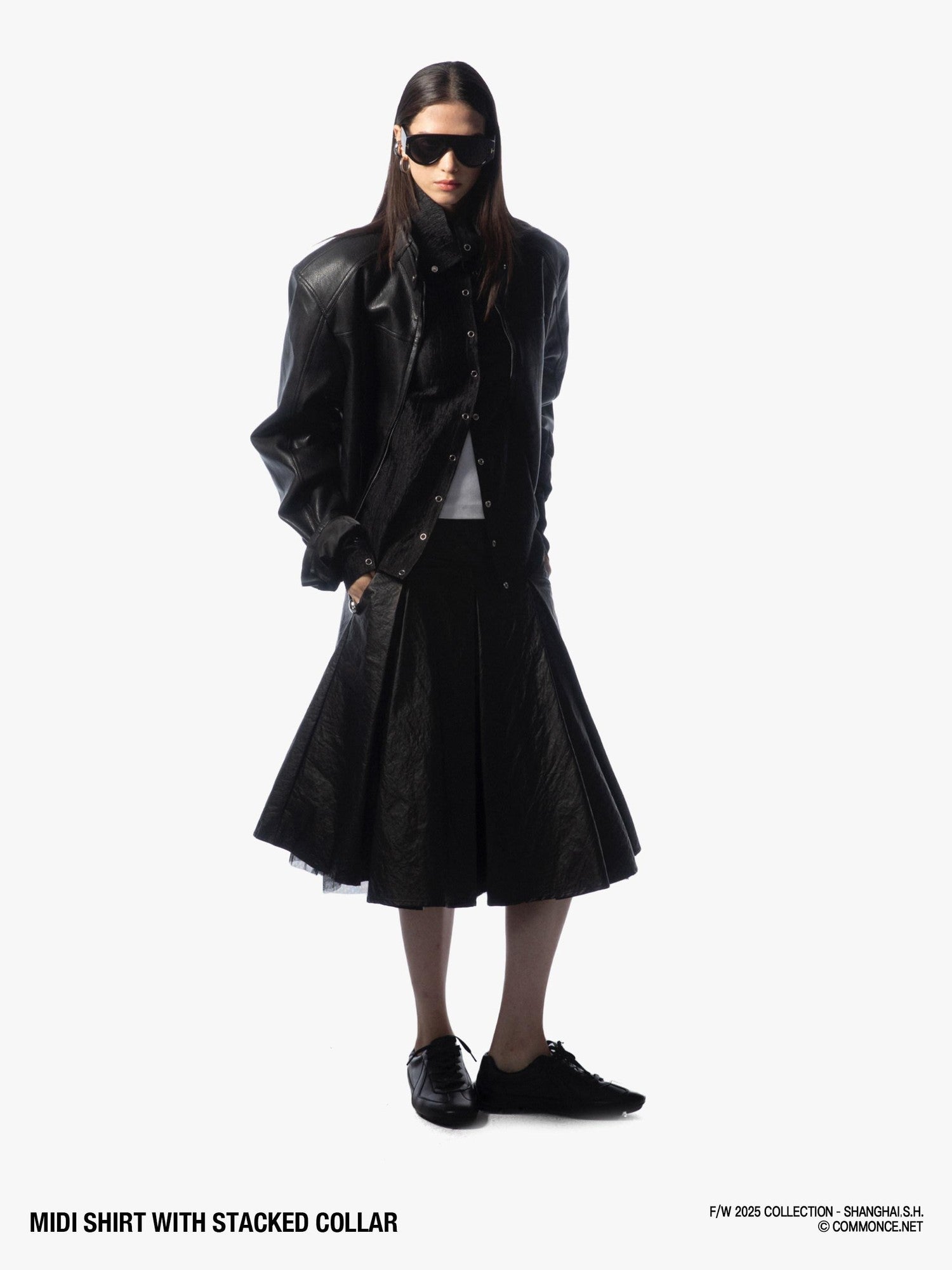 commonce net Sheer Ruched Stacked Collar Long Sleeve Mid Length Women&