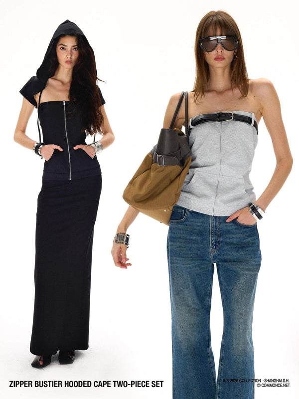 Short Hooded Zippered Ribbed Panel Slim Fit Women's Solid Color Tube Tops