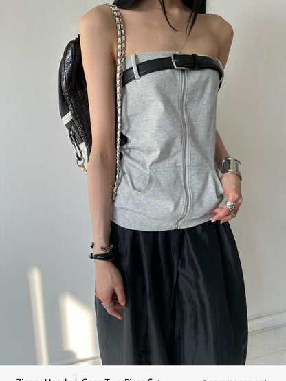 commonce net Short Hooded Zippered Ribbed Panel Slim Fit Women&