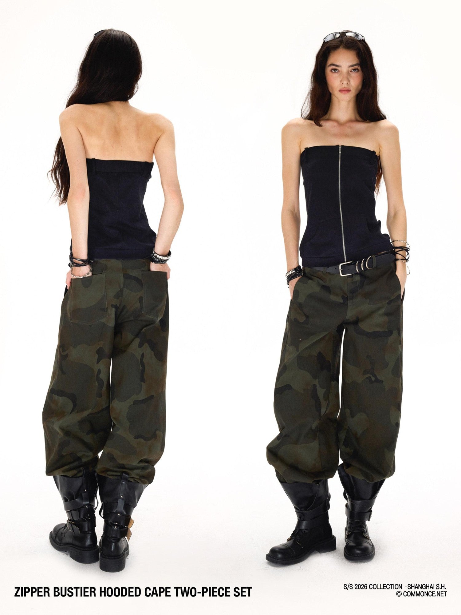 commonce net Short Hooded Zippered Ribbed Panel Slim Fit Women&