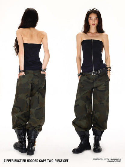 commonce net Short Hooded Zippered Ribbed Panel Slim Fit Women&