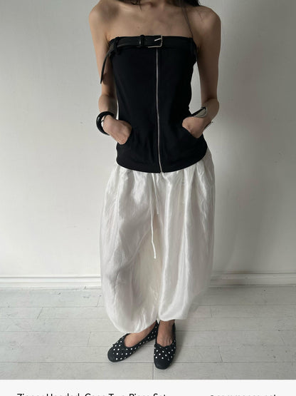 commonce net Short Hooded Zippered Ribbed Panel Slim Fit Women&