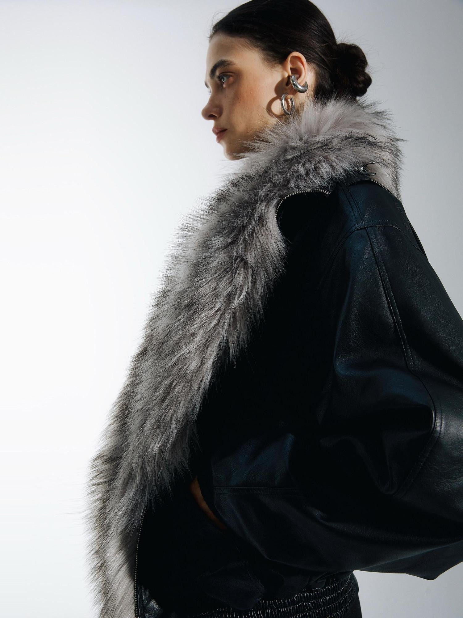 commonce net Solid Detachable Fur Collar Zip Front Women&