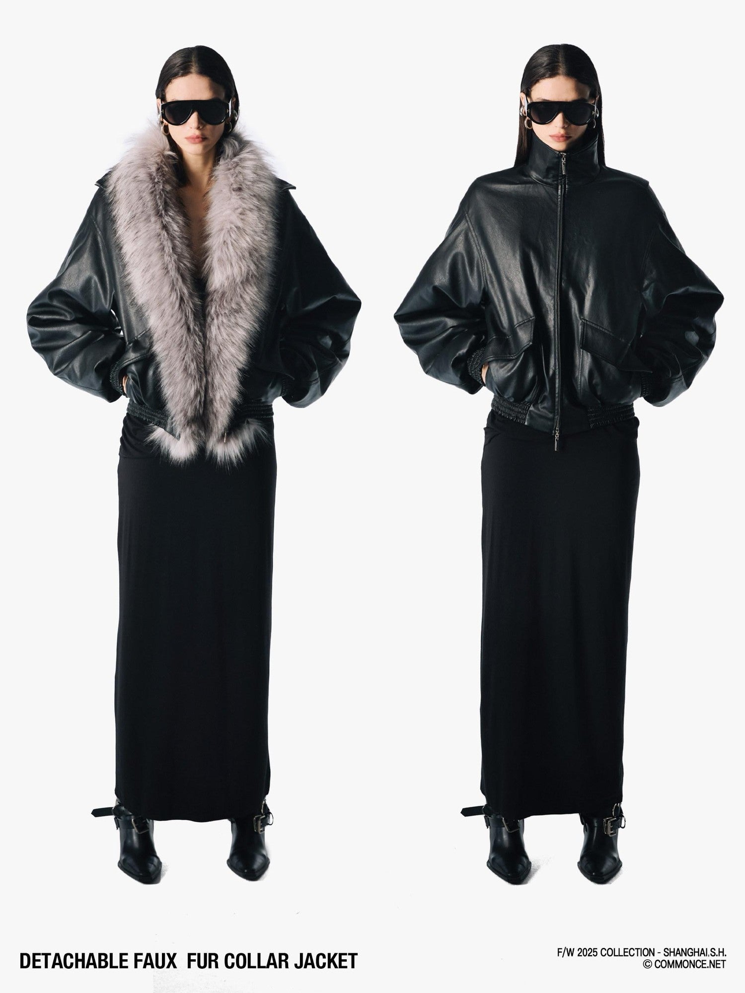 commonce net Solid Detachable Fur Collar Zip Front Women&