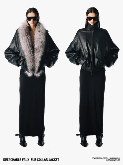 commonce net Solid Detachable Fur Collar Zip Front Women&