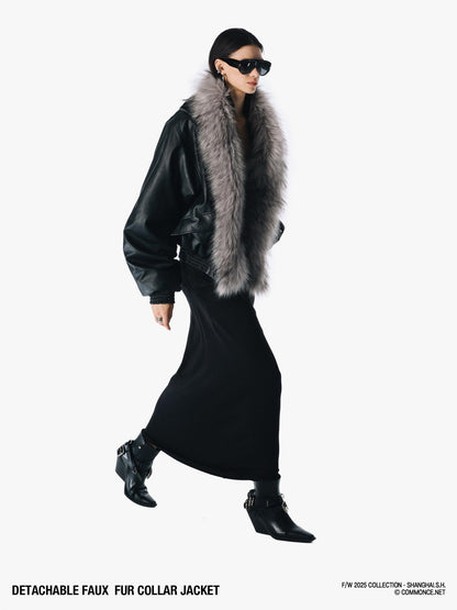 commonce net Solid Detachable Fur Collar Zip Front Women&