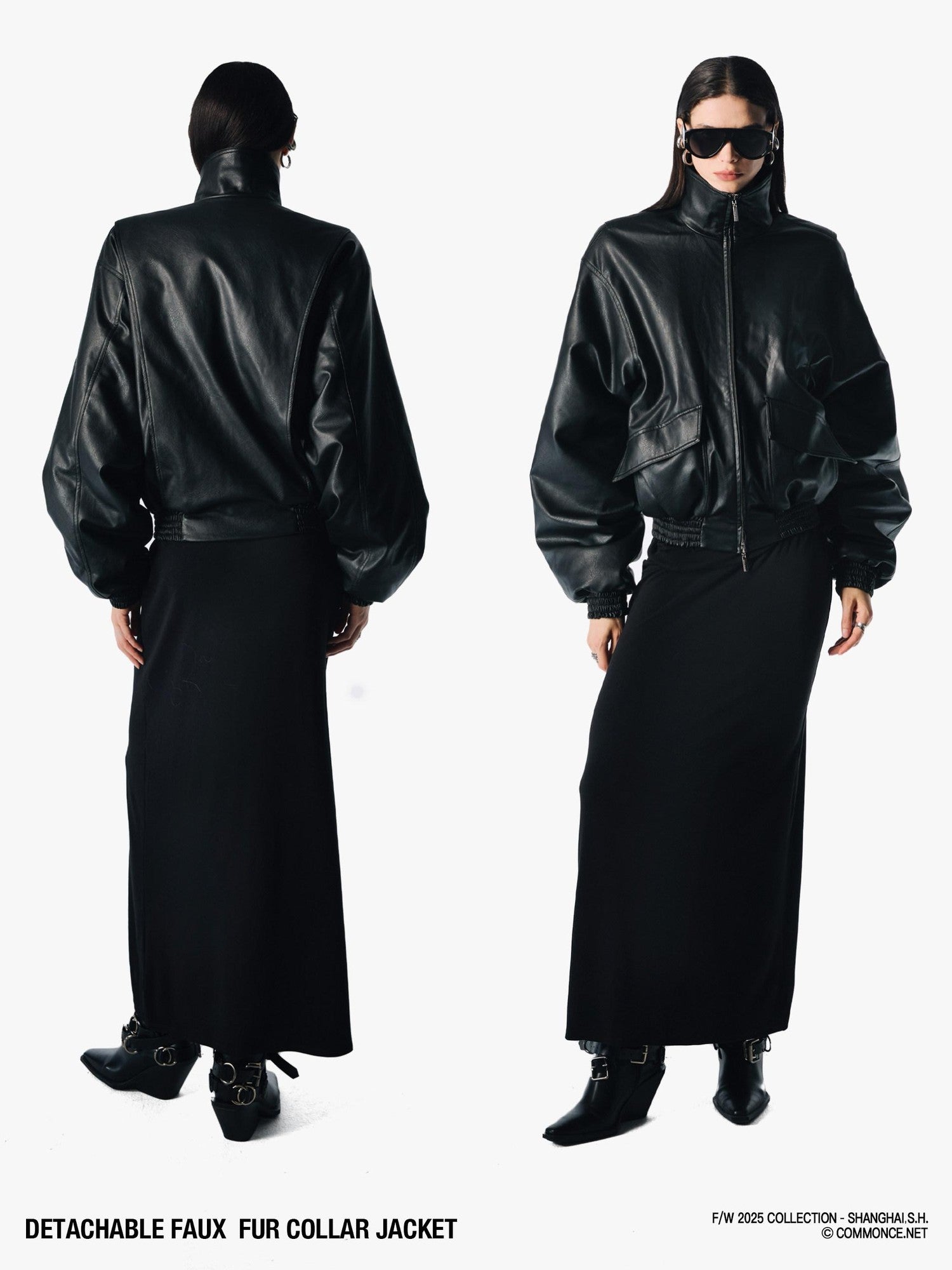 commonce net Solid Detachable Fur Collar Zip Front Women&