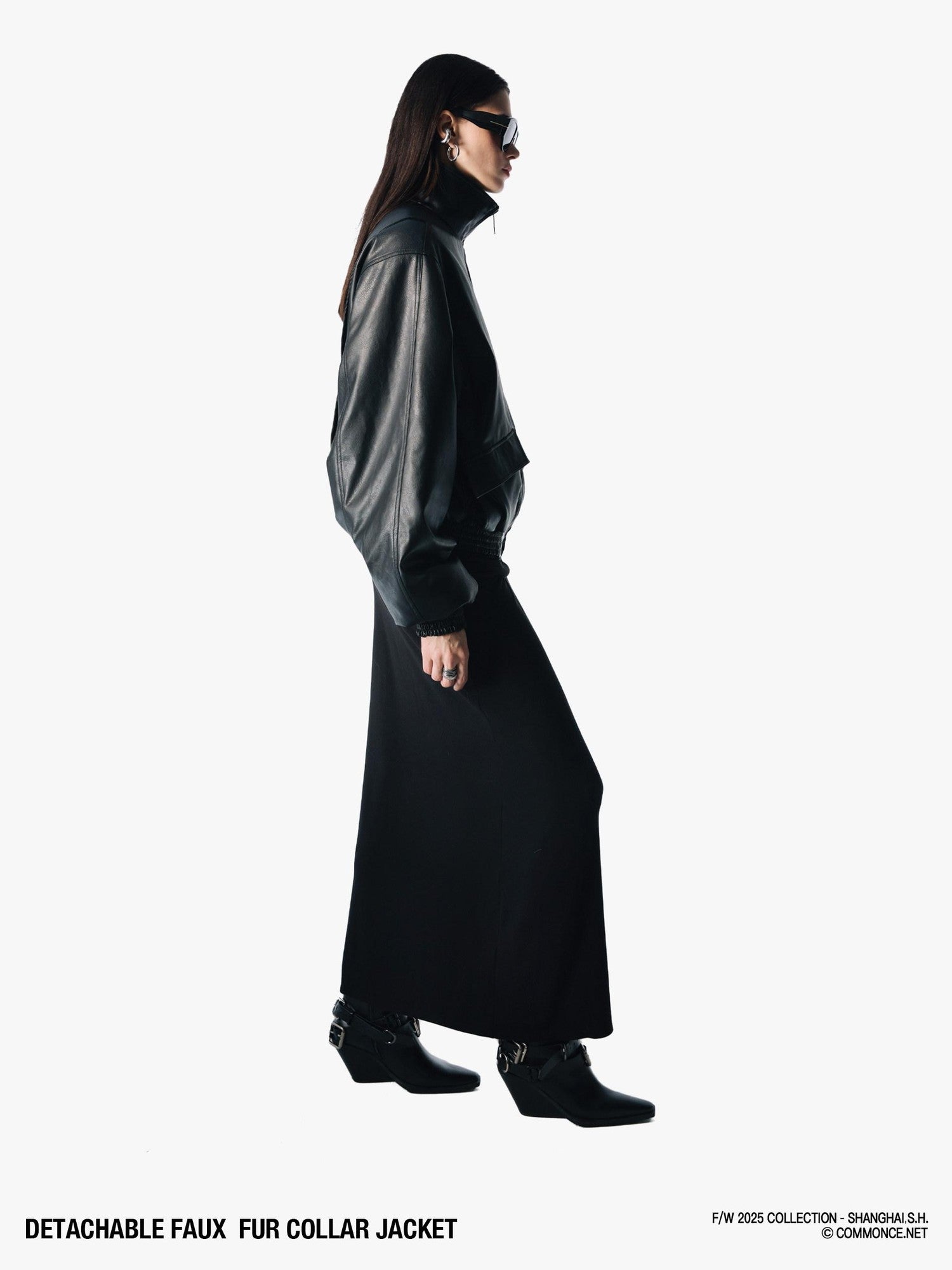 commonce net Solid Detachable Fur Collar Zip Front Women&