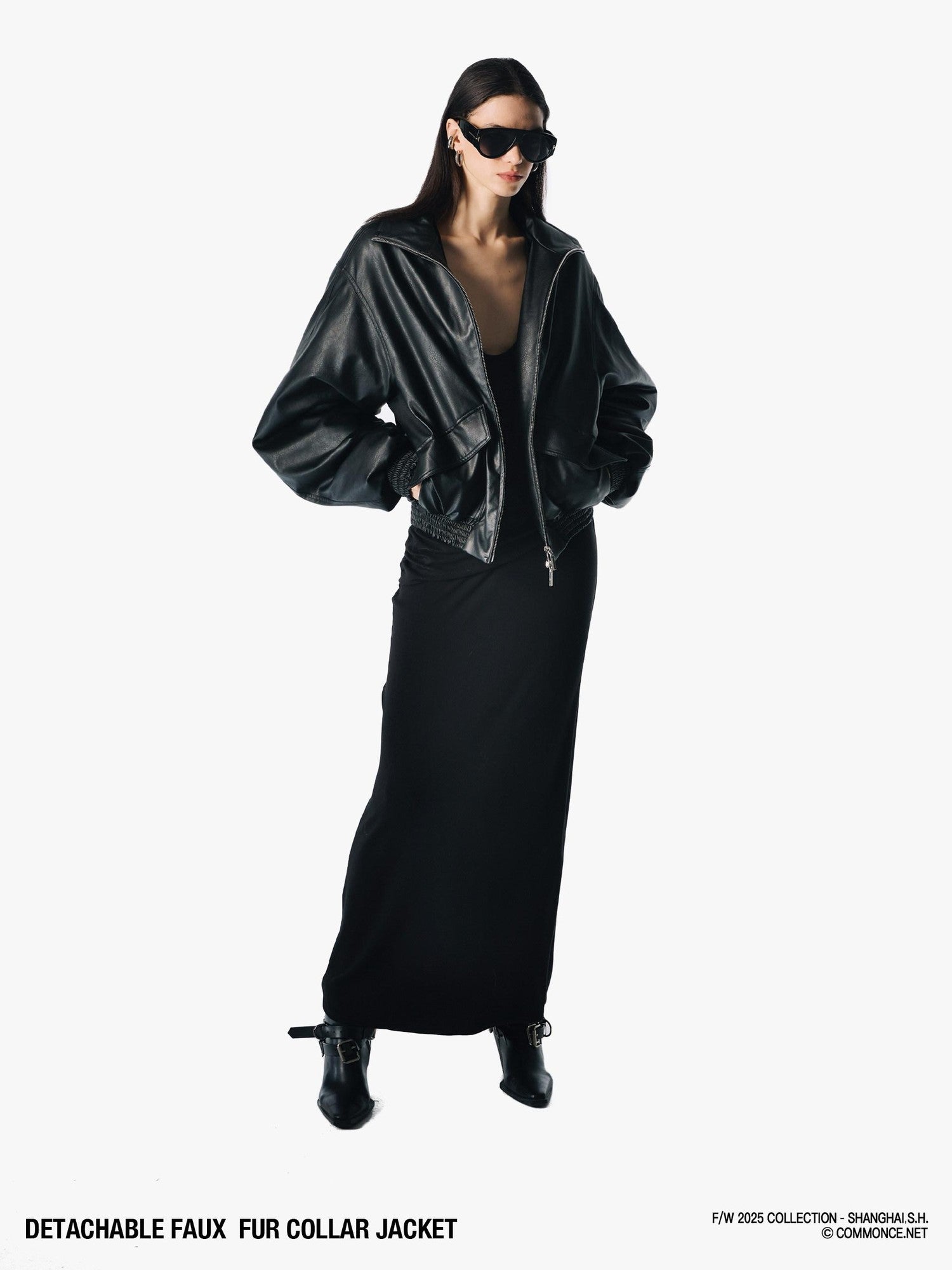 commonce net Solid Detachable Fur Collar Zip Front Women&
