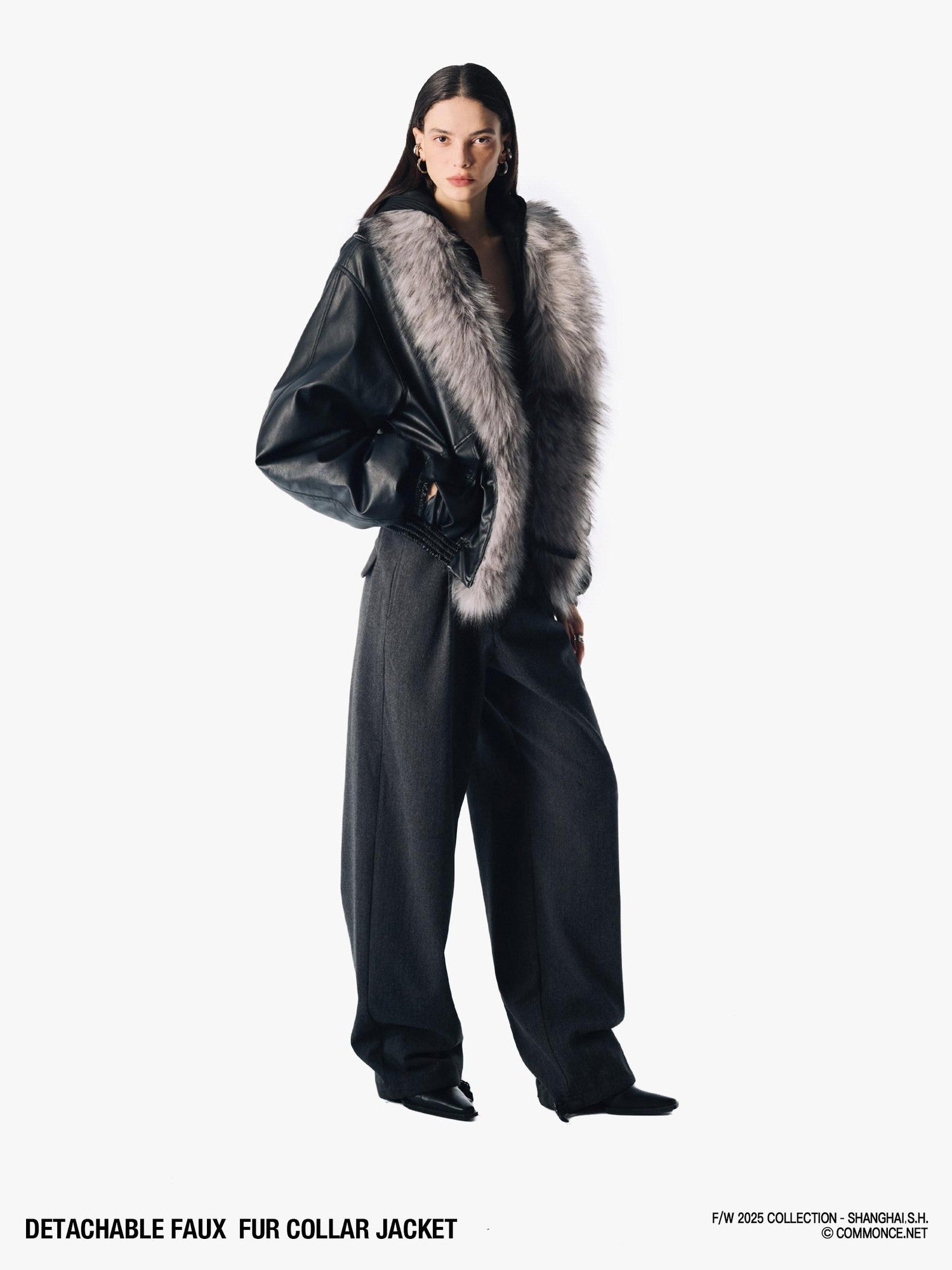 commonce net Solid Detachable Fur Collar Zip Front Women&