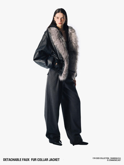 commonce net Solid Detachable Fur Collar Zip Front Women&
