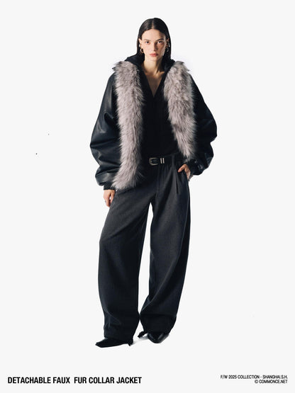 commonce net Solid Detachable Fur Collar Zip Front Women&