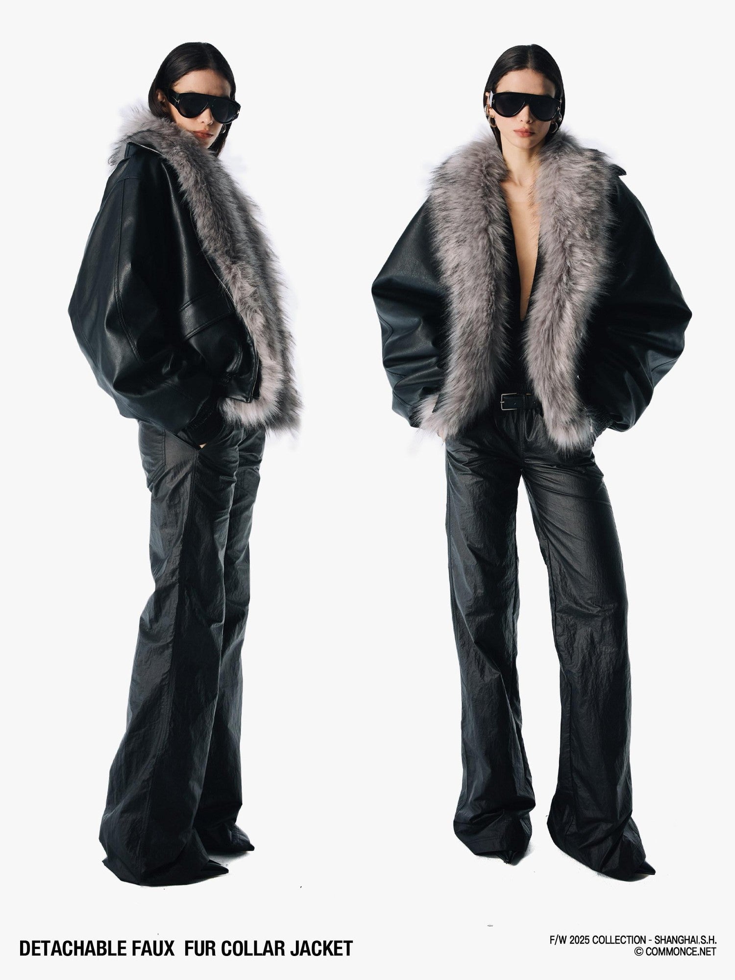 commonce net Solid Detachable Fur Collar Zip Front Women&