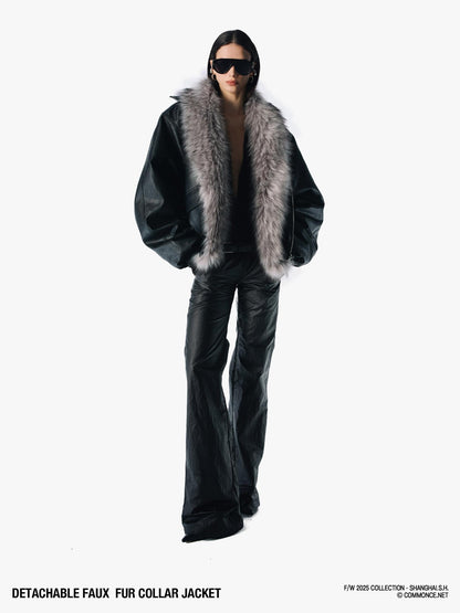 commonce net Solid Detachable Fur Collar Zip Front Women&