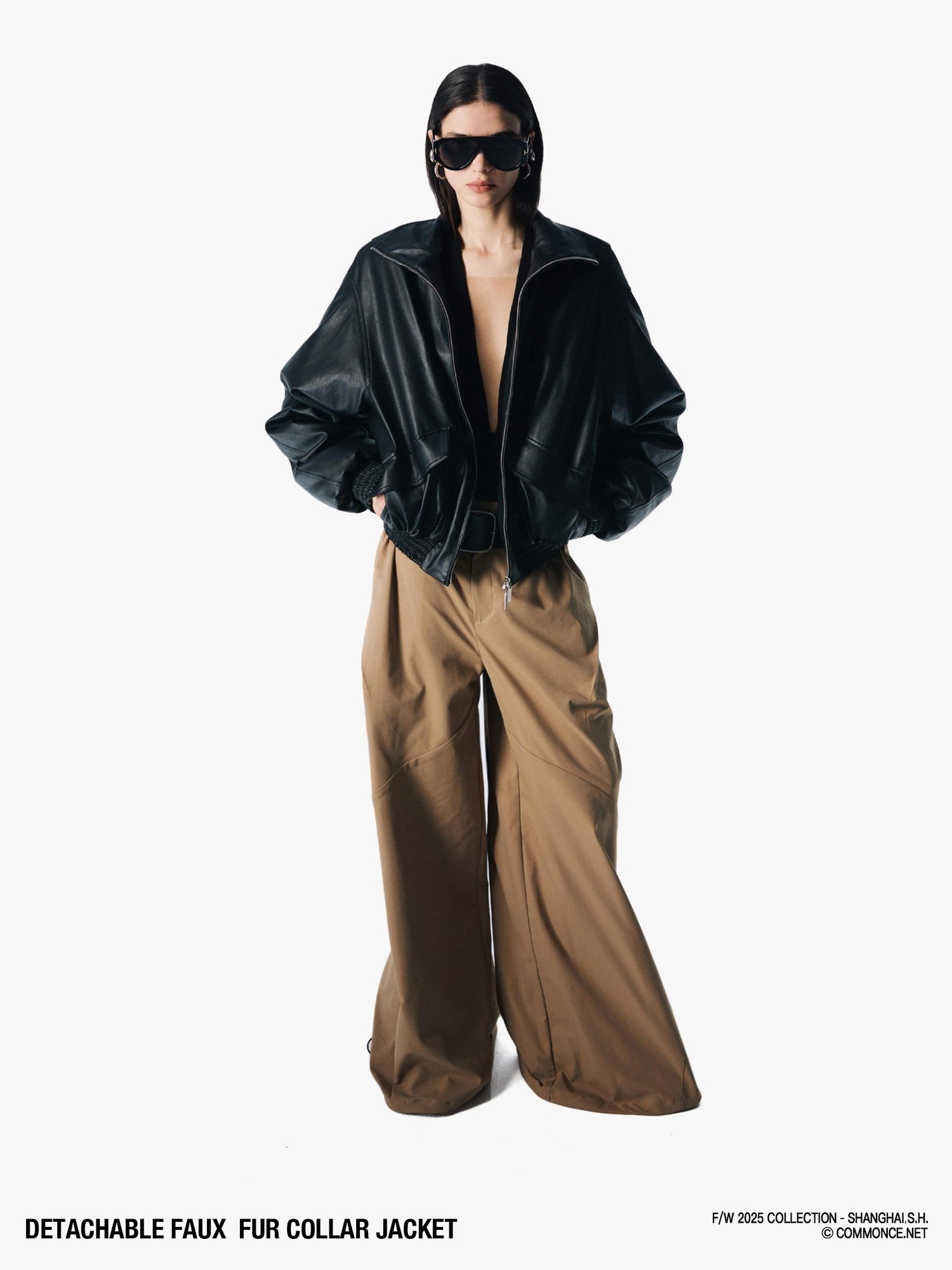 commonce net Solid Detachable Fur Collar Zip Front Women&