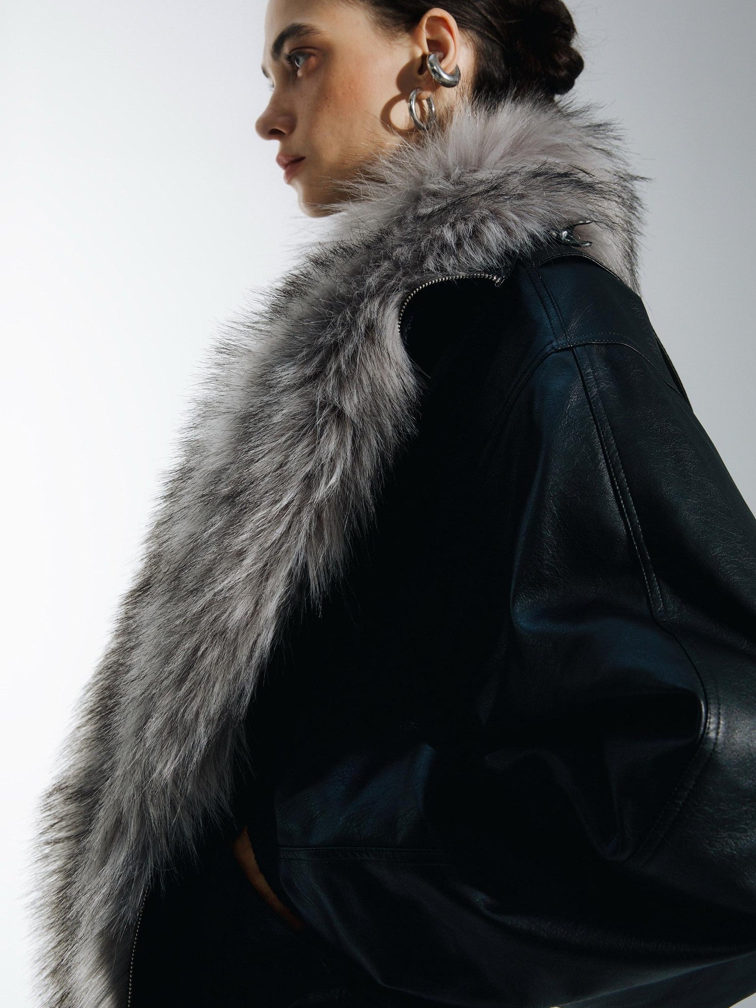 commonce net Solid Detachable Fur Collar Zip Front Women&