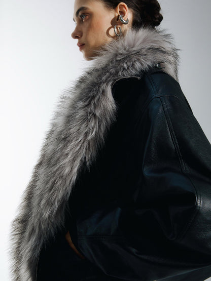 commonce net Solid Detachable Fur Collar Zip Front Women&