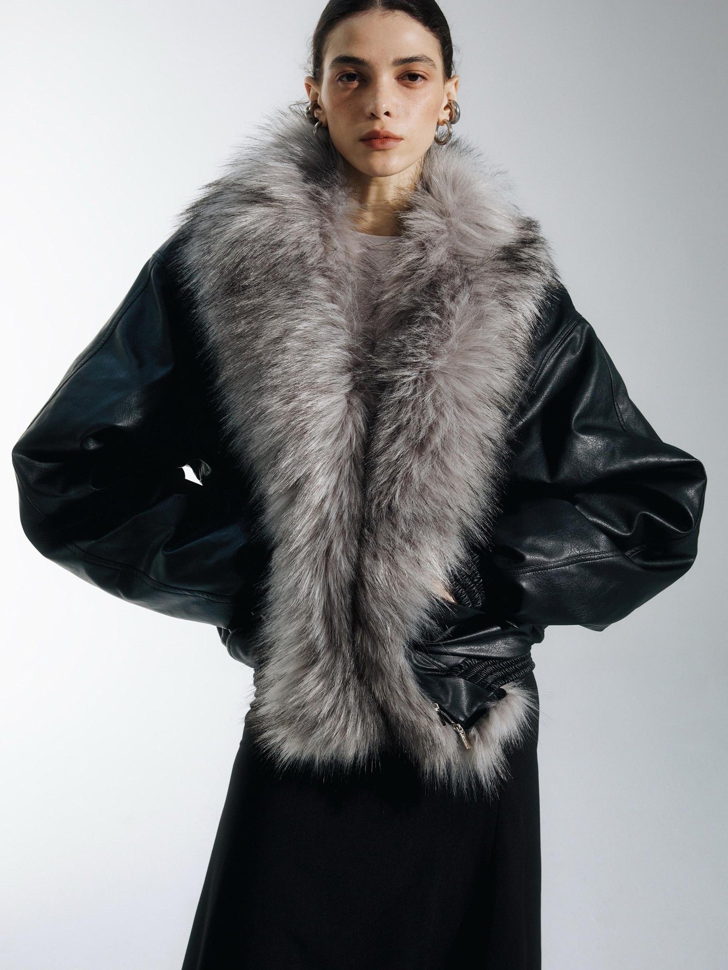 commonce net Solid Detachable Fur Collar Zip Front Women&