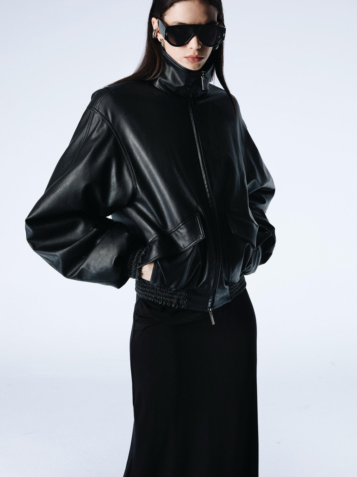 commonce net Solid Detachable Fur Collar Zip Front Women&