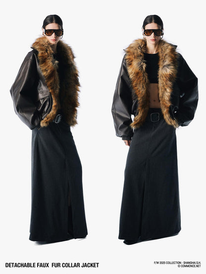 commonce net Solid Detachable Fur Collar Zip Front Women&