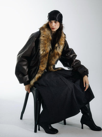 commonce net Solid Detachable Fur Collar Zip Front Women&