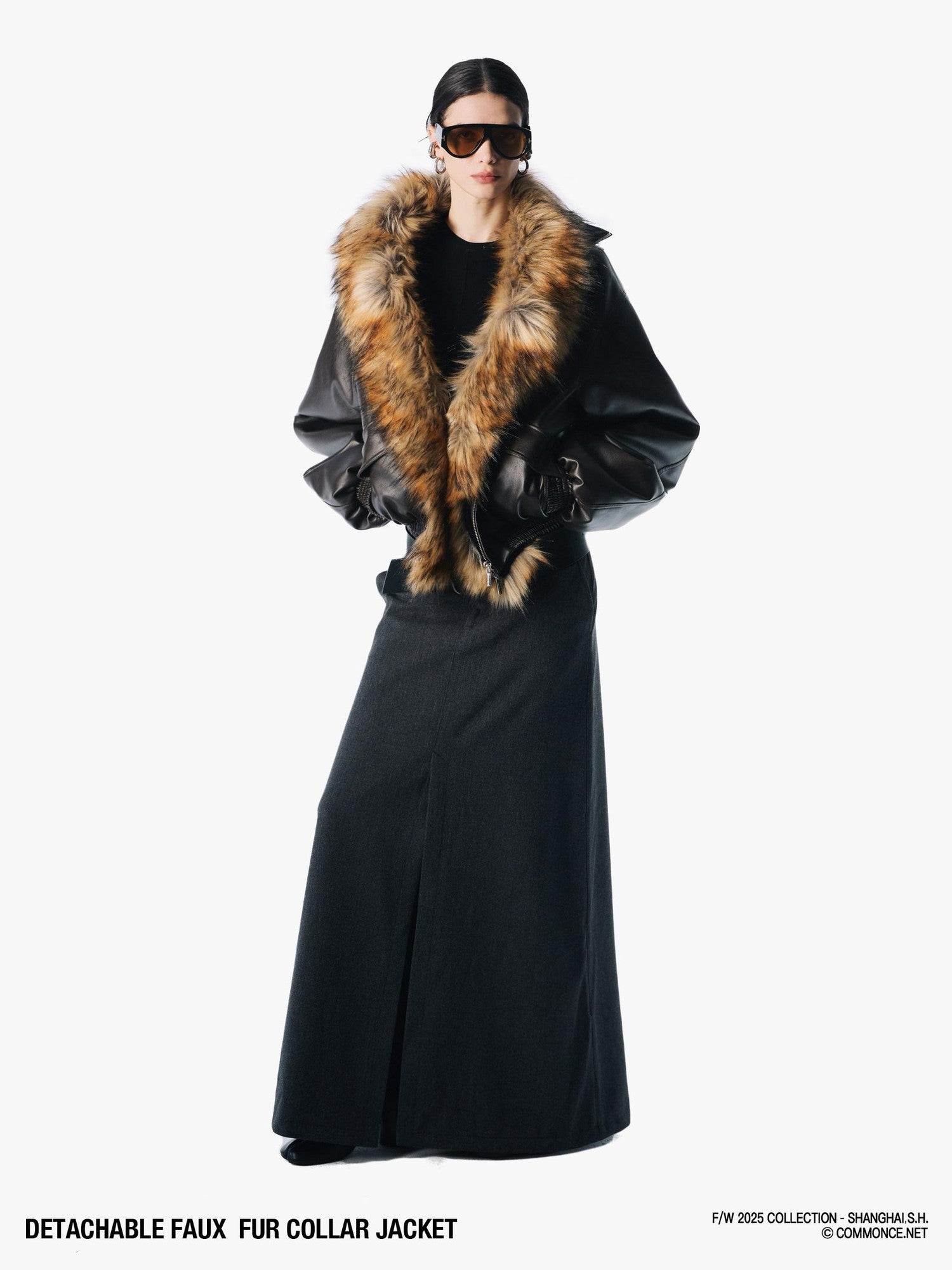 commonce net Solid Detachable Fur Collar Zip Front Women&