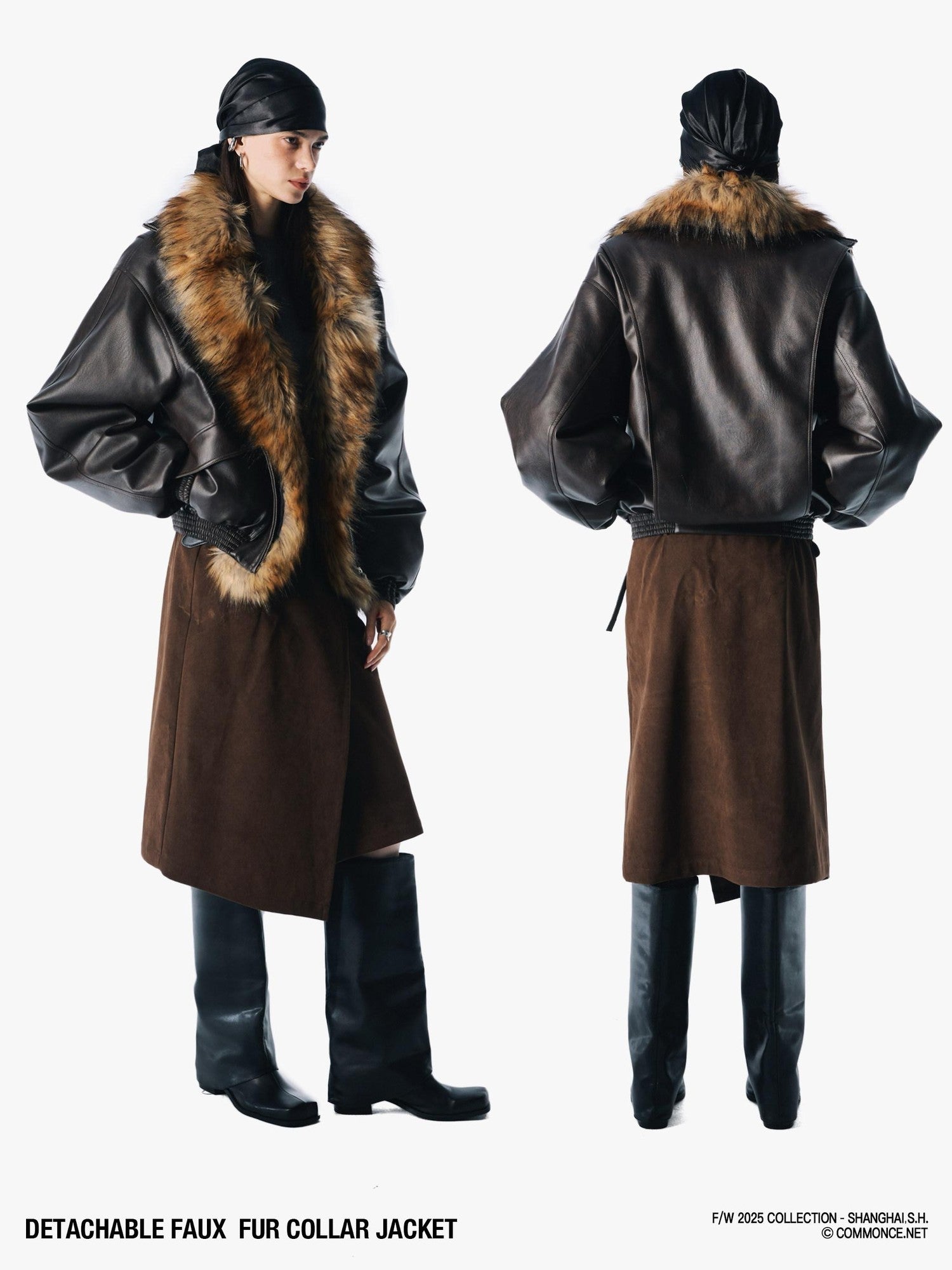 commonce net Solid Detachable Fur Collar Zip Front Women&