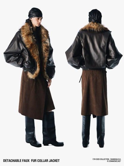 commonce net Solid Detachable Fur Collar Zip Front Women&