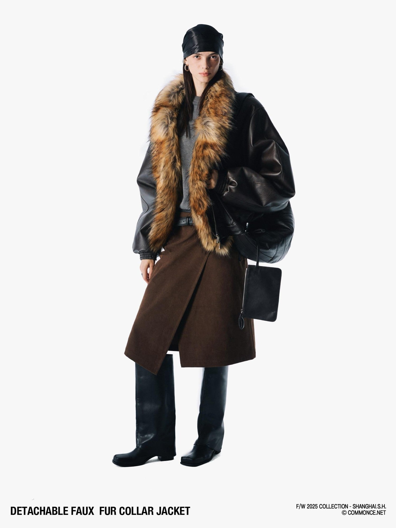 commonce net Solid Detachable Fur Collar Zip Front Women&