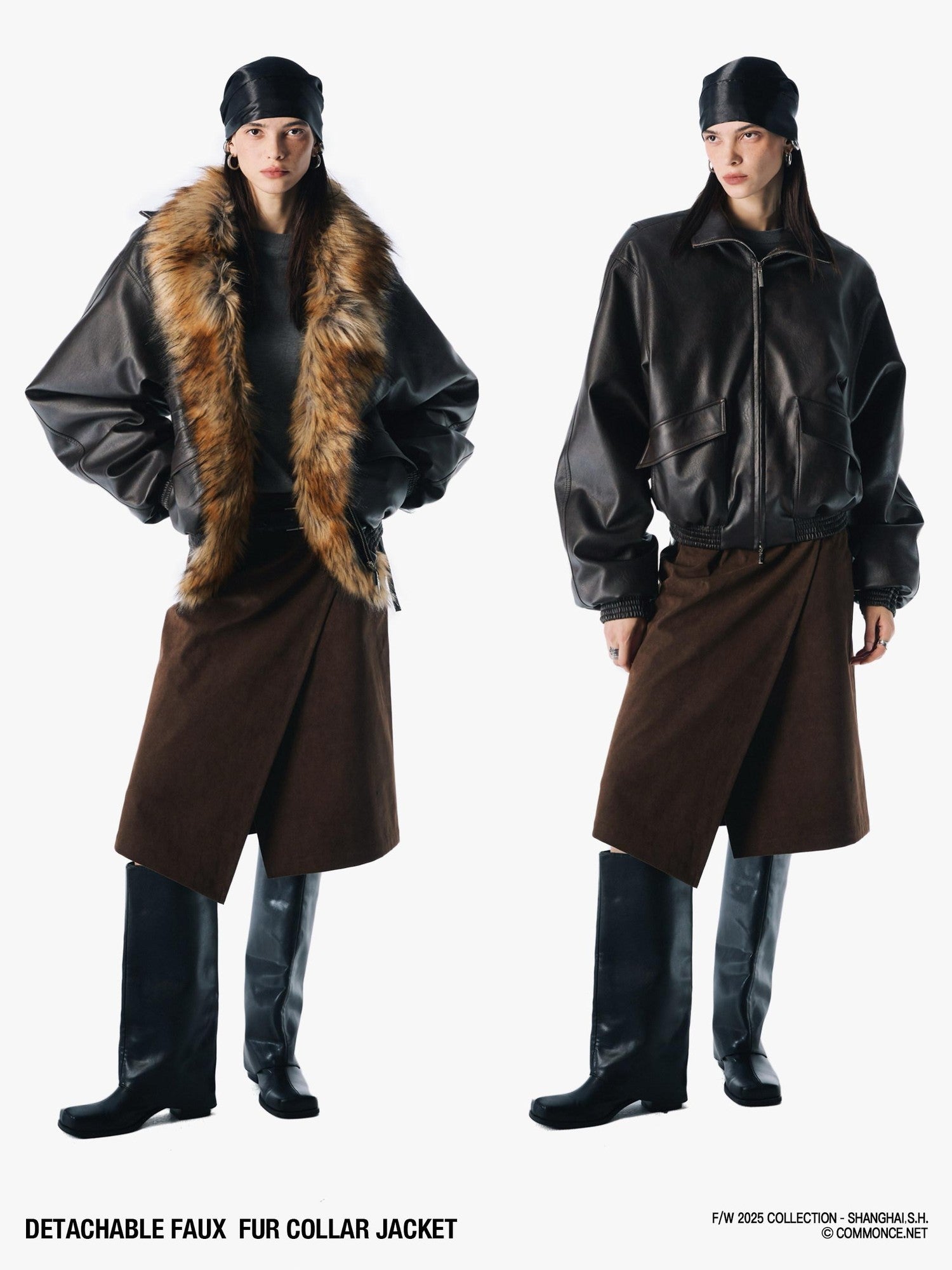 commonce net Solid Detachable Fur Collar Zip Front Women&
