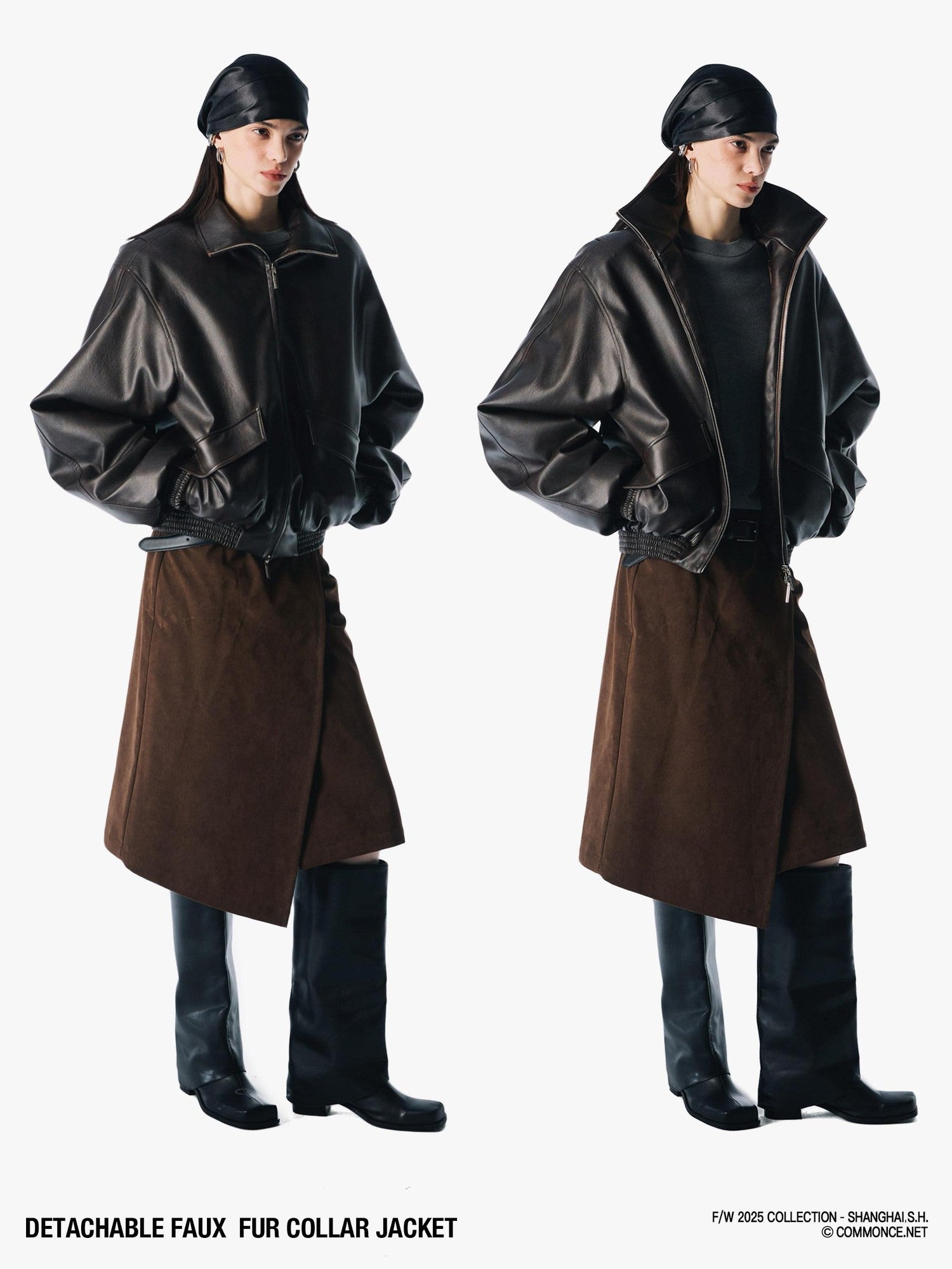 commonce net Solid Detachable Fur Collar Zip Front Women&