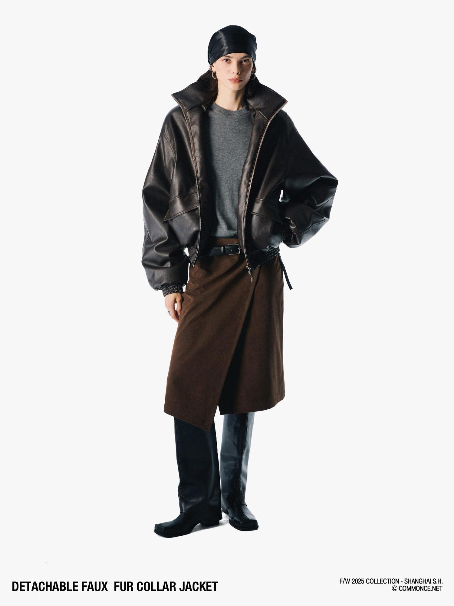 commonce net Solid Detachable Fur Collar Zip Front Women&