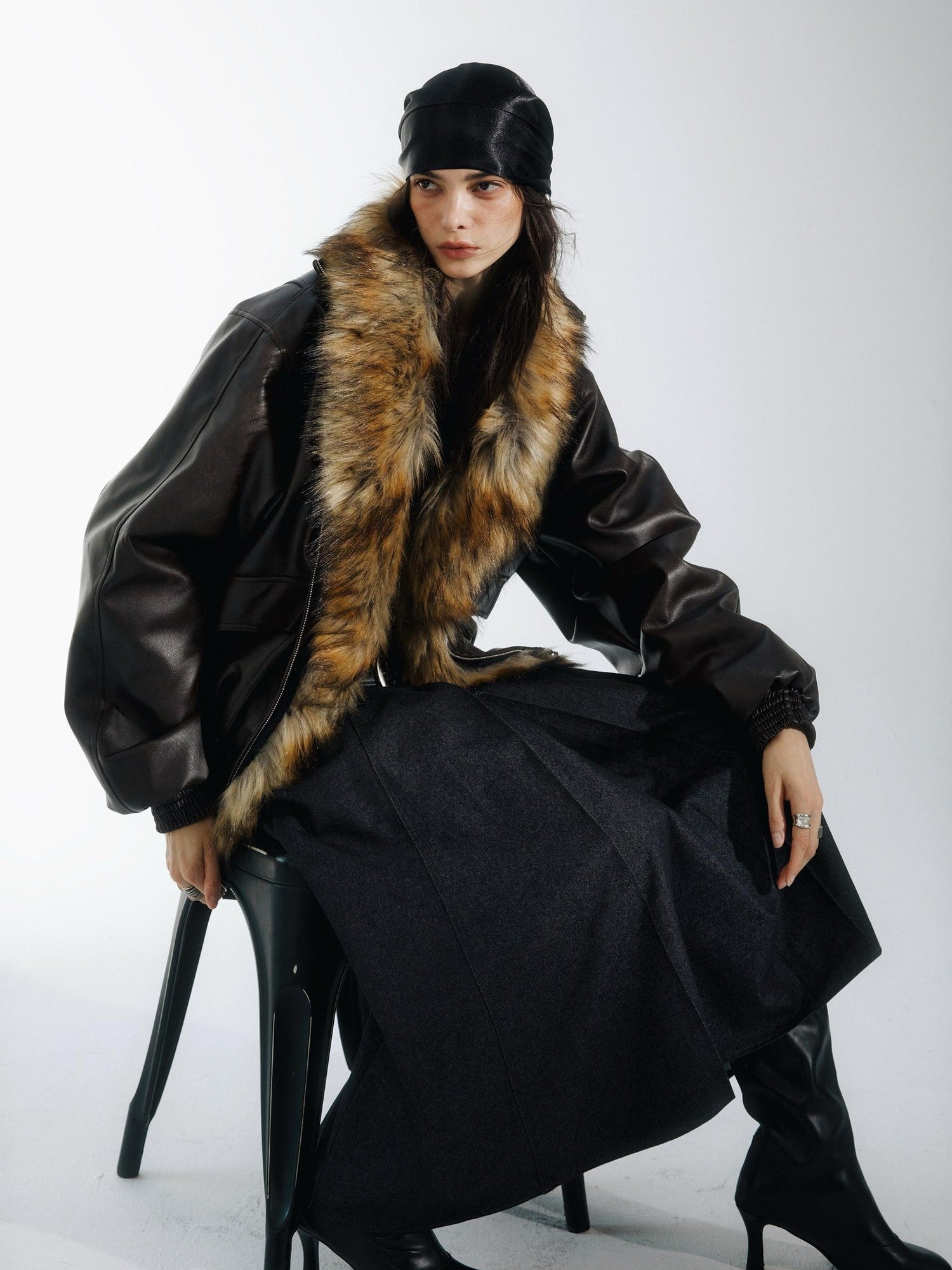 commonce net Solid Detachable Fur Collar Zip Front Women&